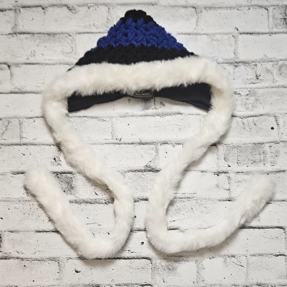Bolli Imports Blue & Black Knit Faux Fur Trapper Hat Winter Earflap Style